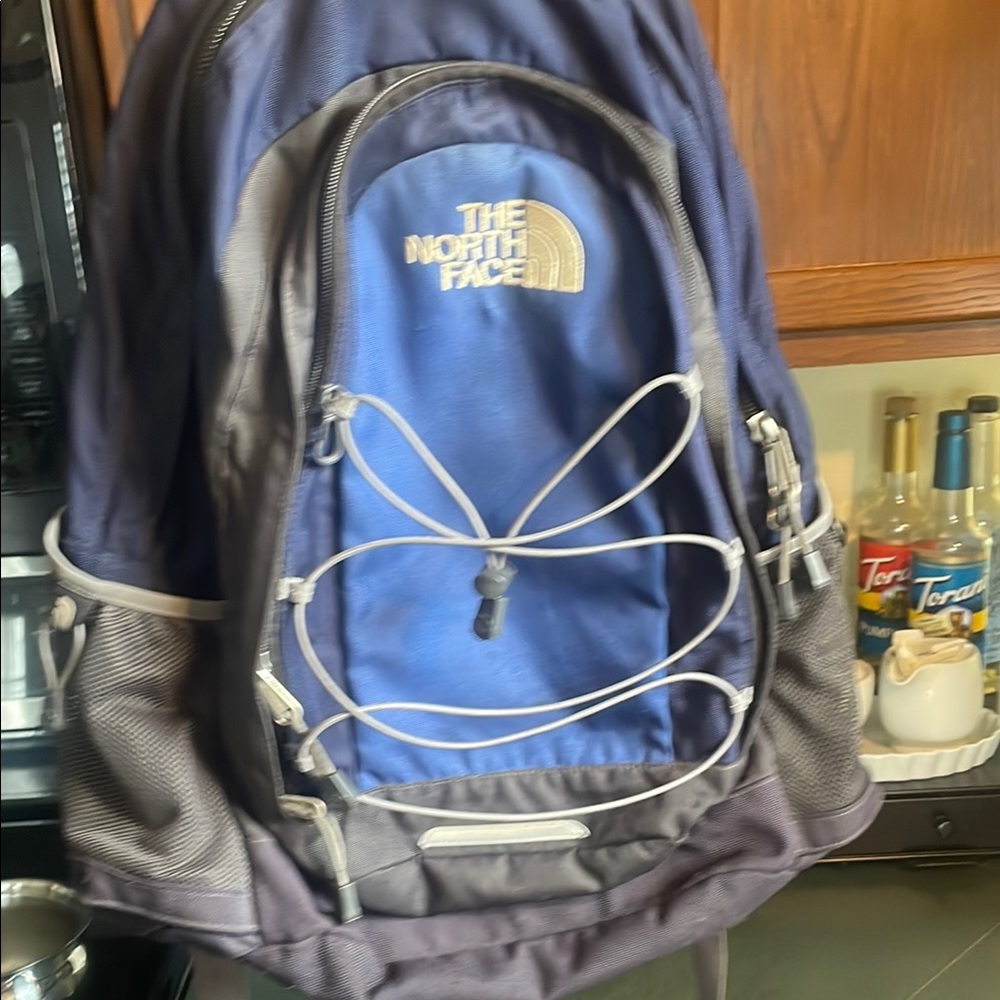 The North Face Blue and Black Backpack with Elastic Cord